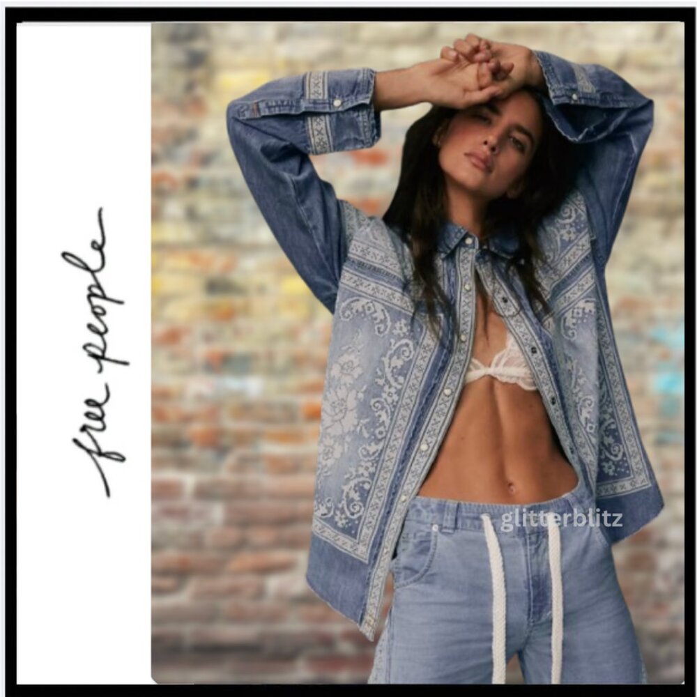 Free People Lace Embroidered Denim Shirt - MSRP $228